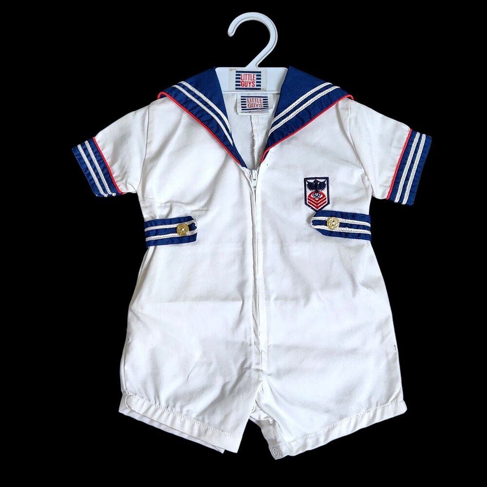 Vintage Little Guys Baby Boy Sailor Suit Romper Zipper Front Red White Blue 3-6M